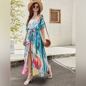 Open Front Graphic Multicolor Print Kimono Cover-up (L)
